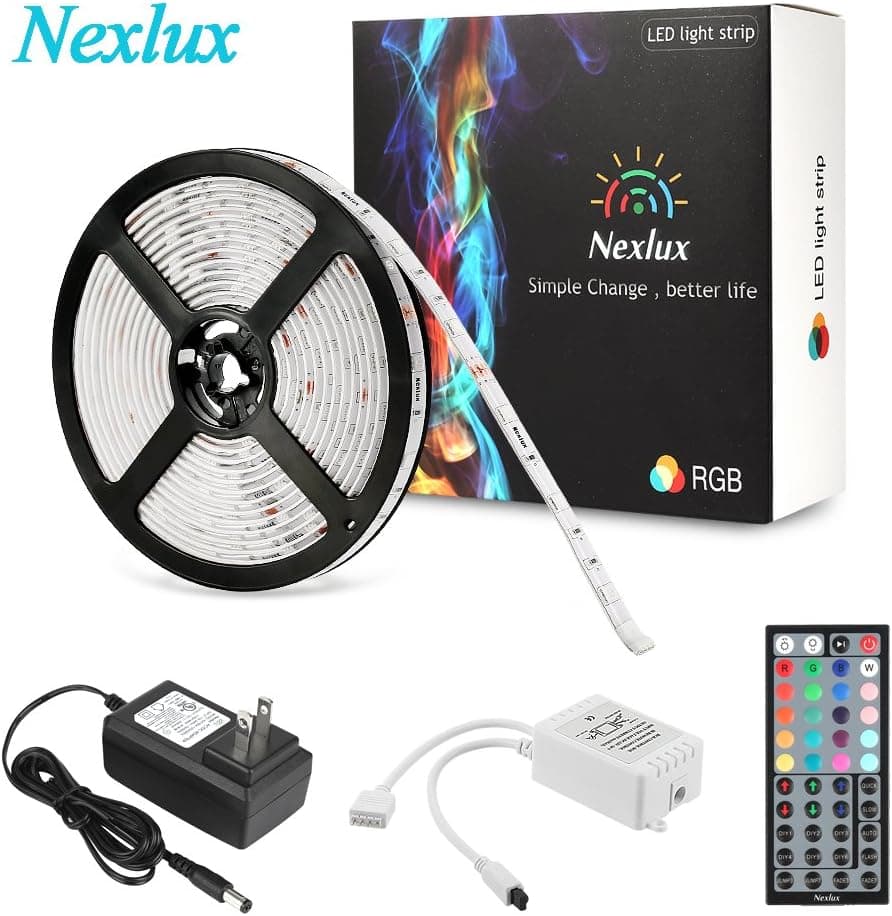 Nexlux Color Changing LED Strip, 16.4ft Strip Light Waterproof IP65 RGB Flexible LED Ribbon, DIY Christmas Holiday Home Kitchen Indoor Party Decoration with IR Remote Controller,UL Power Adapter