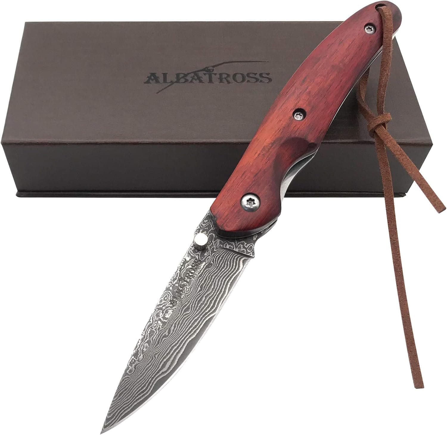 ALBATROSS HGDK004 Awesome EDC Damascus Pocket Folding Knife Lanyard, Rosewood Handle, Gifts/Collections