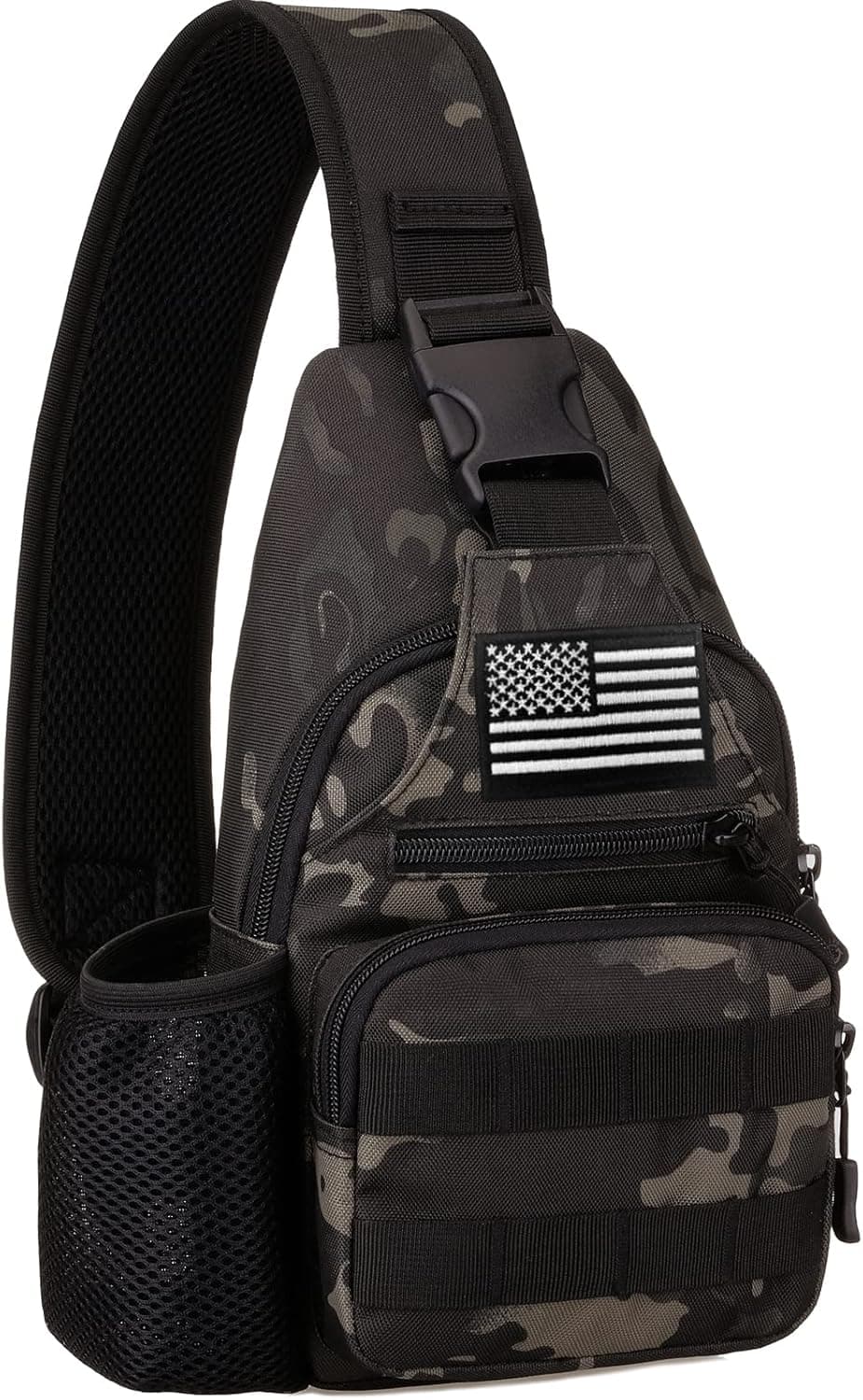 MINGHUICHIC Tactical Sling Bag Military Molle Crossbody Pack Motorcycle Assault Chest Shoulder Backpack (1 Patch Included), BlackCamo