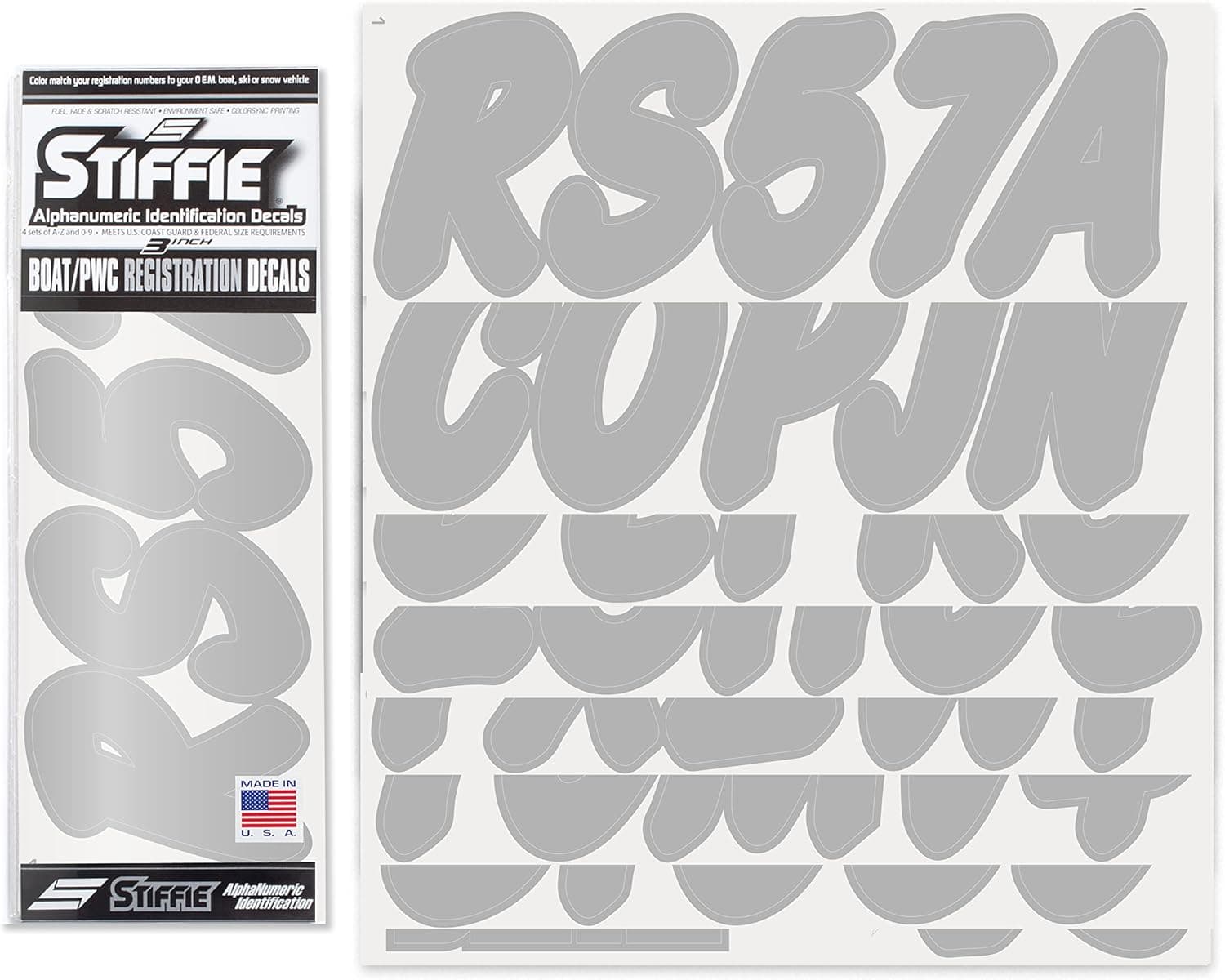 STIFFIE Whip-One Silver 3" Alpha-Numeric Registration Identification Numbers Stickers Decals for Boats & Personal Watercraft