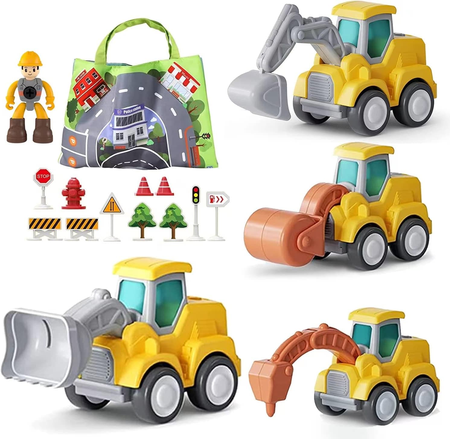 LOVE LIFE 4 PCS Toddlers Toy Cars for Baby with Playmat Pull Back Cars Toys Press and Go Truck Toys for 3 4 5 Years Play Vehicles Construction Truck Engineering Cars for Boys Girls