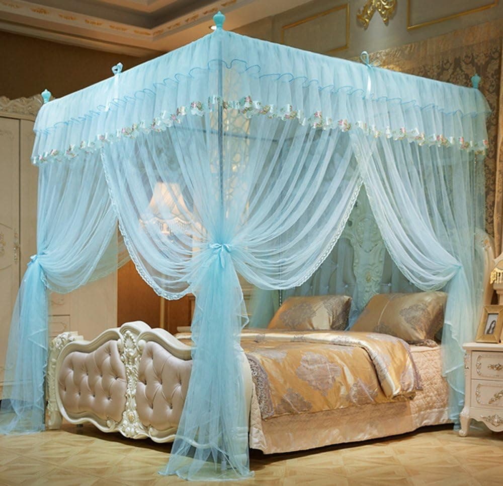 Mengersi 4 Corners Bed Curtain Canopy Mosquito Netting for Girls Bed Canopies Child Gift (Full, Sky Blue)