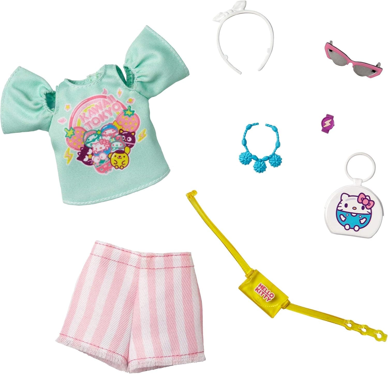 Barbie Storytelling Fashion Pack of Doll Clothes Inspired by Hello Kitty & Friends: Aqua Kawaii Tokyo Top, Striped Shorts & 6 Accessories Dolls, Gift for 3 to 8 Year Olds