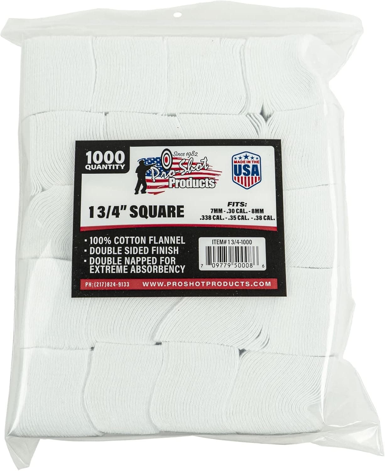 Pro Shot Gun Care Flannel Gun Cleaning 1000 Count Patches (7mm-.38Caliber/6mm Benchrest),White
