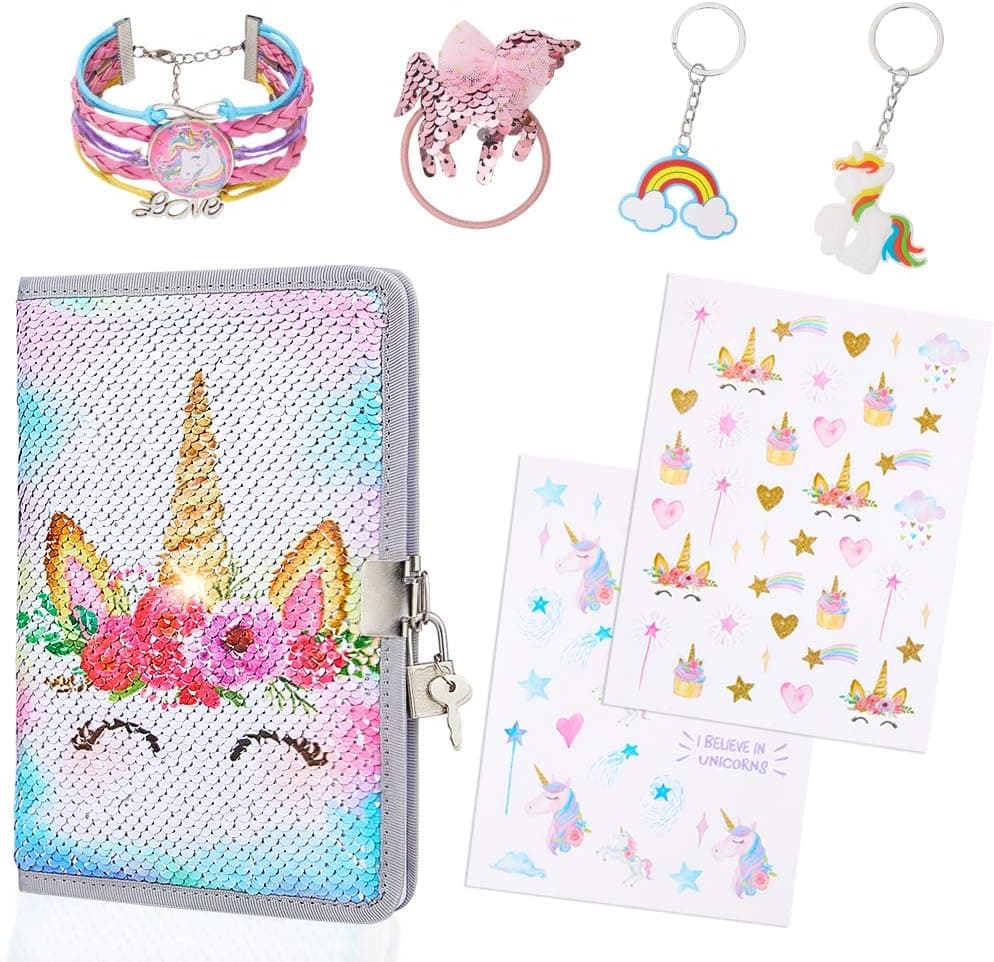 MHJY Unicorn Diary with Lock Keys, Sequin Unicorn Notebook Journal with Bracelet/Keychain/Stickers/Hair Ties for Kids Girls,White Flower Unicorn