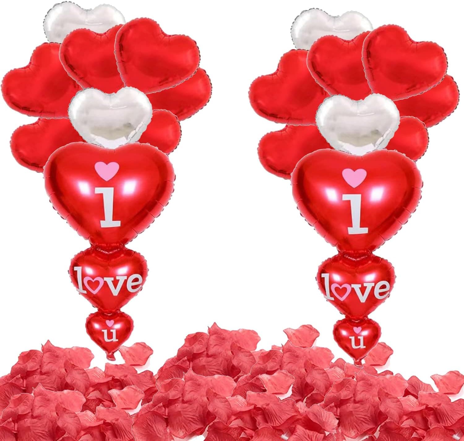Anniversary Decorations Set,2 Pcs I Love You Balloons,10 Pcs Red Foil Heart Balloons,4 Pcs SilverHeart Balloons,1000 Pcs Artificial Red Rose Petals,Sweetest Balloons for Proposal Romantic Night Valentine's Day Decor Supplies