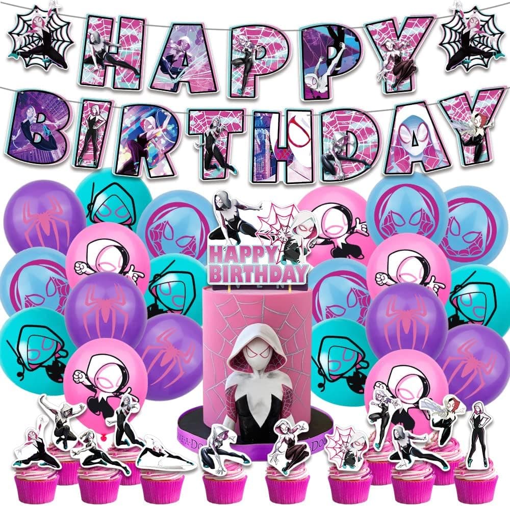 Spider girl Birthday Party Decorations&Supplies 34 in 1 (20 Balloons, 12 Cupcake Toppers,1 Banner, 1 Cake Topper), pink SuperHero Birthday Party Decorations for Girl and Boy
