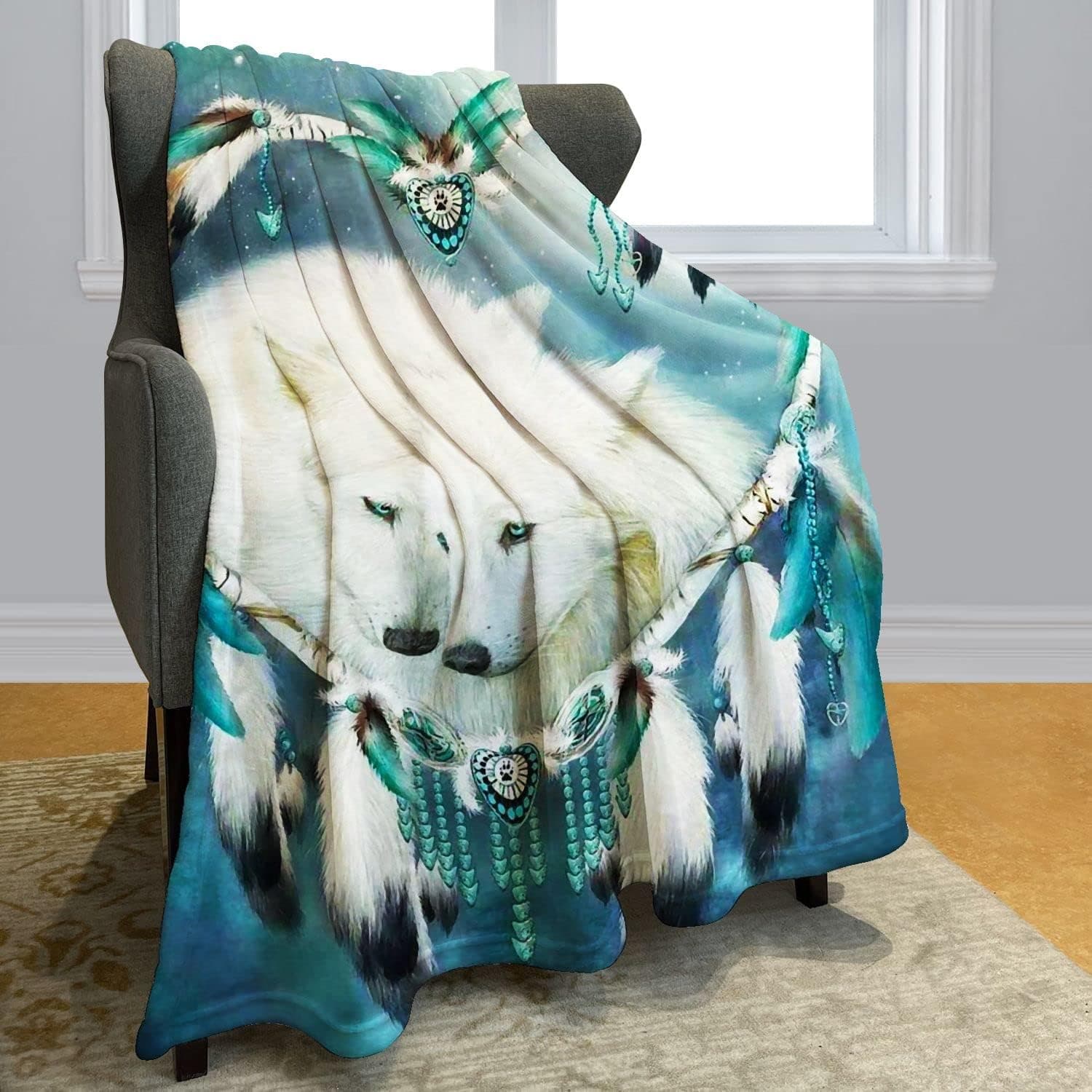 YISUMEI Wolf Dream Catcher Throw Blanket Blue Nebula White Wolf Fleece Blanket Soft Warm Cozy for Sofa Couch Bed 50"x60"