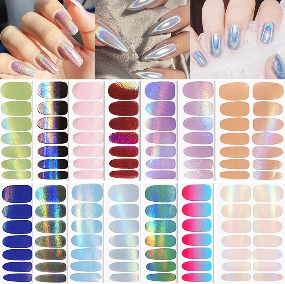196 Pieces Holographic Nail Polish Stickers, 14 Sheets Holographic Glitter Nail Wraps Full Cover Holo Nail Polish Strips Gradient Glitter Self-Adhesive Nail Art Wraps Decals for Women Girls