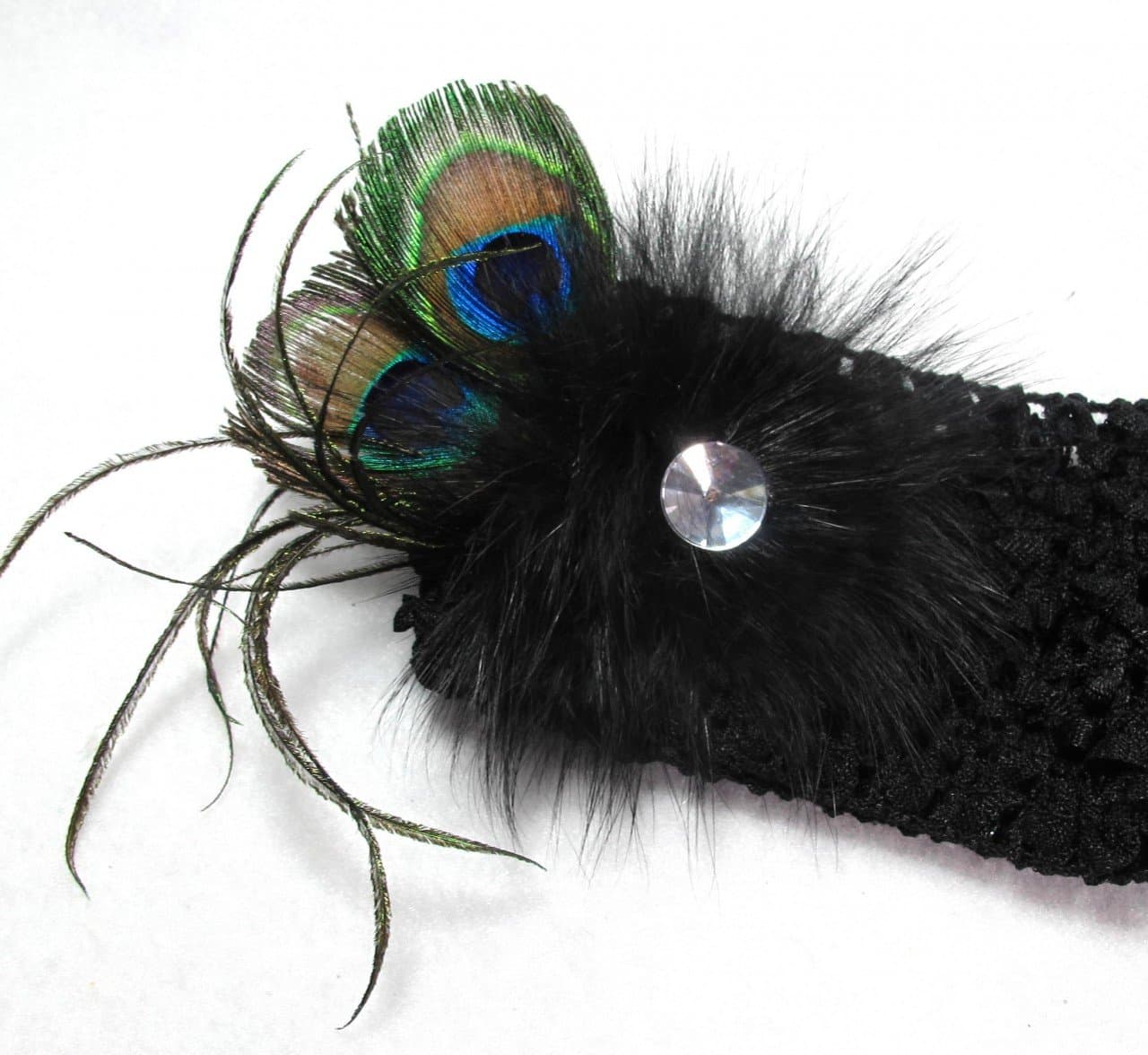 Black Crochet Headband with Peacock and Fur