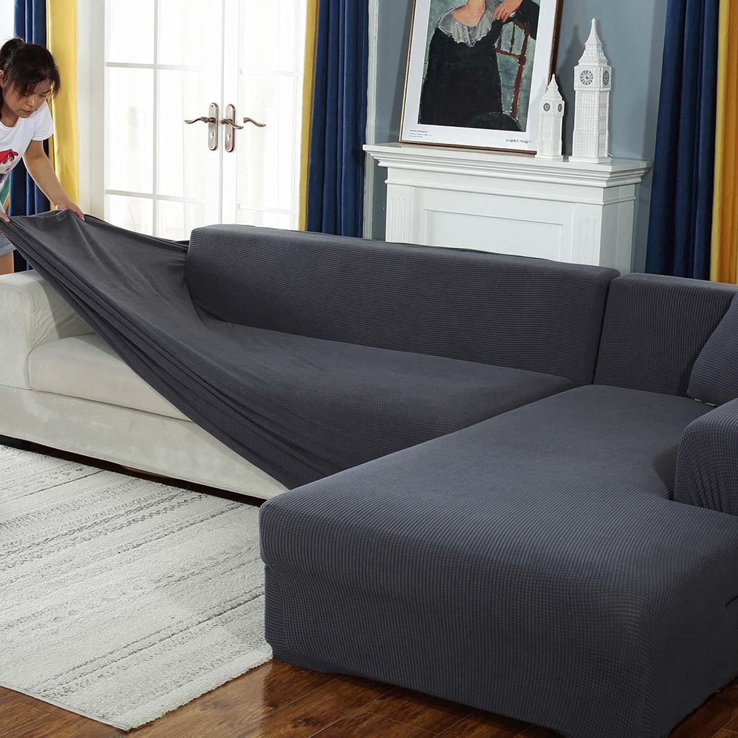 CHUNXINMAKE Thick Couch Covers for 1 2 3 4 Seater, Sectional Sofa L Shape Stretch Slipcover Living Room Dogs Pets, Washable Durable Furniture Protector (Dark Gray, L-Shape:4 Seater+4 Seater)