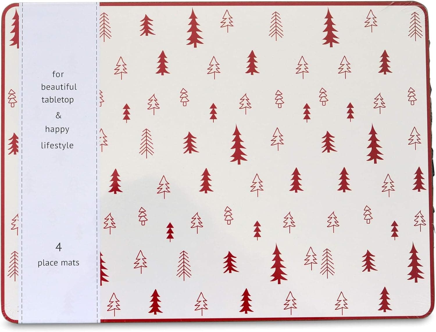 WHW Whole House Worlds Christmas Tree Cork Backed Premium Place Mats, Set of 4, Rustic White with Red Border, Hard Board, Heat Resistant, 15 3/4 x 11 3/4 Inches, Homespun Holiday Style