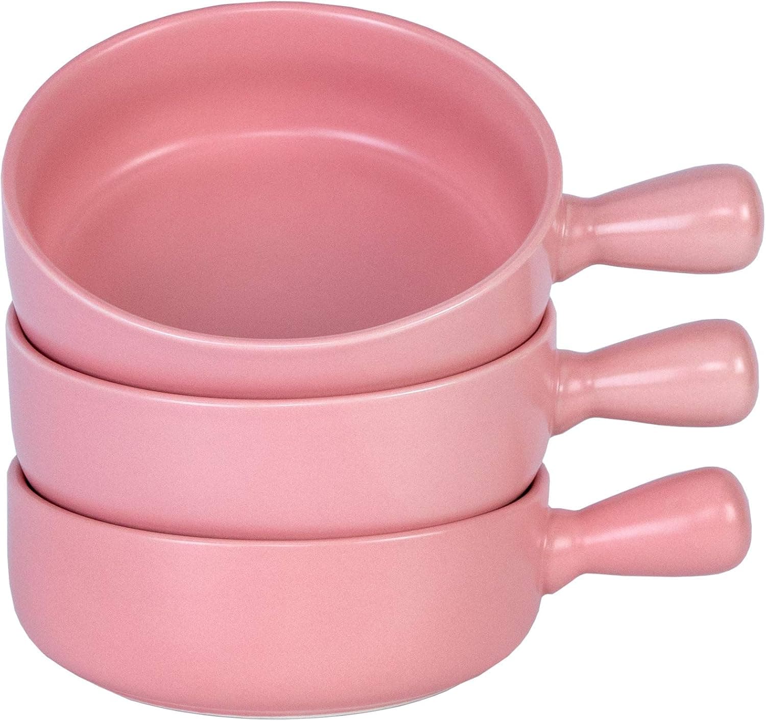Aquiver 21 OZ French Onion Soup Bowls - Matte Porcelain Serving Bowl with Single Handle for Chili, Tortilla Soup, Oatmeal, Cereal, Chicken Pie, Beef Stew, Chowder - Set of 3 (Pink)