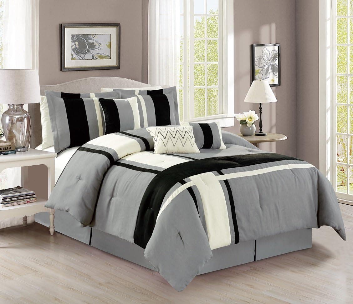 Grand Linen Luxury 7 Piece Micro Suede Stripe Queen Bedding Grey/Black/White Comforter Set with Accent Pillows