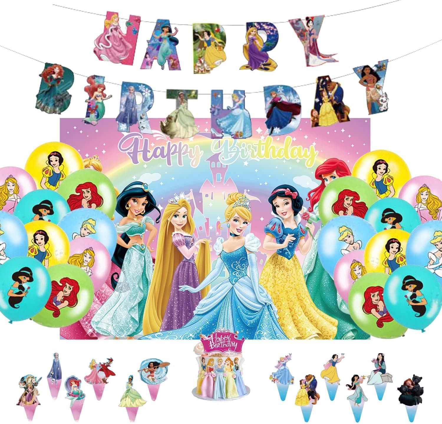 Princess backdrop and Princes Girl's Dream Birthday Party Supplies include 35PCS Party Favor with Princess Happy Birthday Banner, Princess Balloons,Cake Toppers (5x3FT)