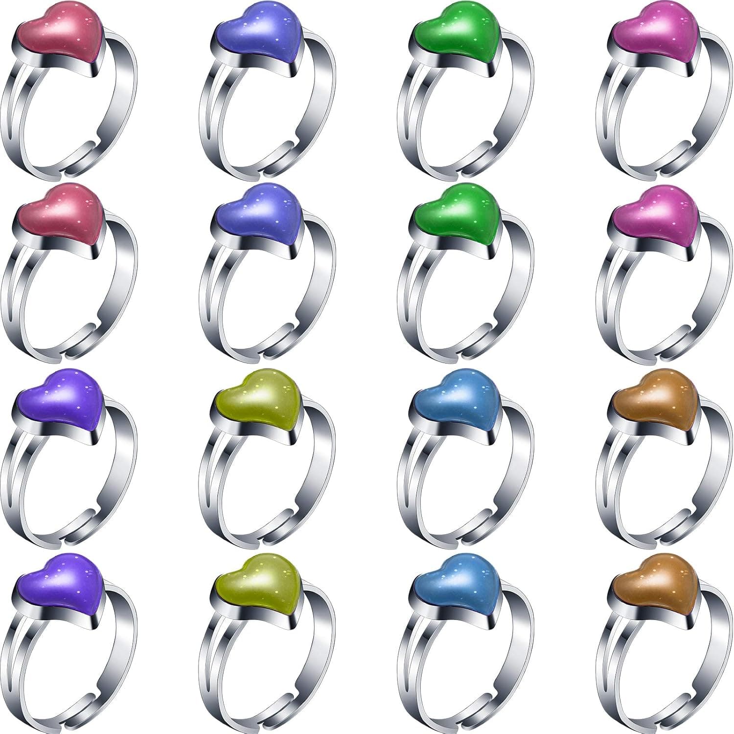 Hicarer 16 Pieces Adjustable Heart Kids Mood Rings, Heart Shape Mixed Color Changing Mood Rings Costume Props Goodie Bag Fillers and Birthday Party Favors