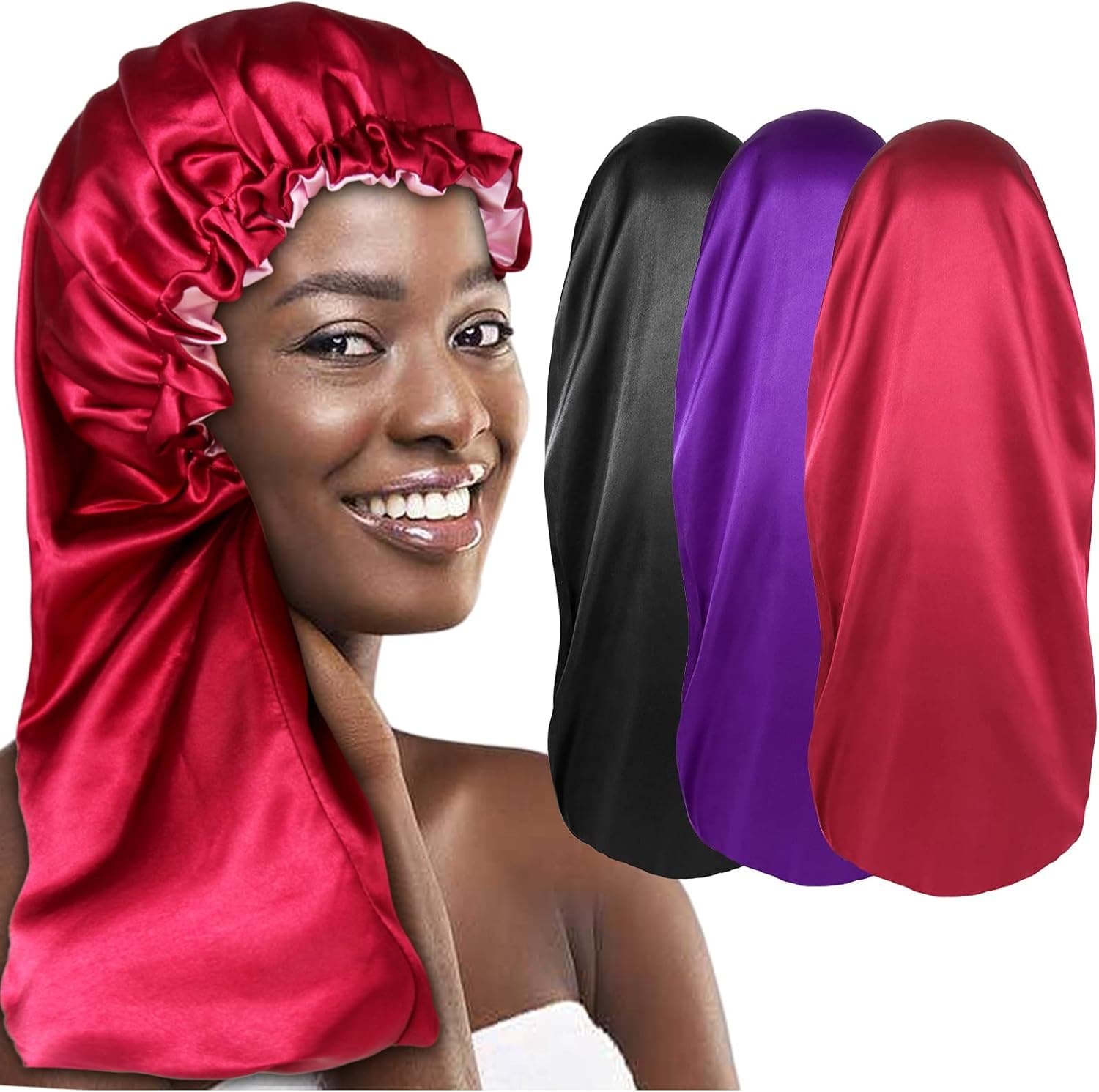 3pcs Drawstring Extra Large Long Satin Bonnets for Black Women Braid Bonnet,A