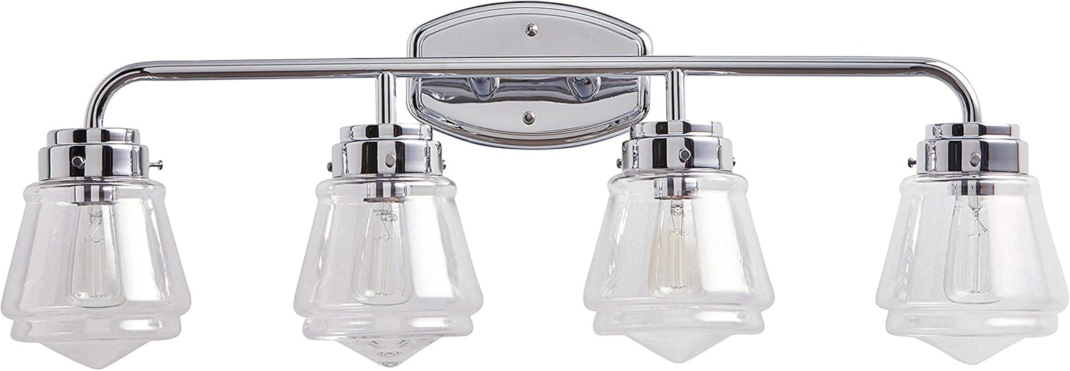 Amazon Brand – Stone & Beam Vintage Bathroom Vanity Fixture With 4 Light Bulbs And Glass Shade - 32.25 x 7 x 11.5 Inches, Chrome
