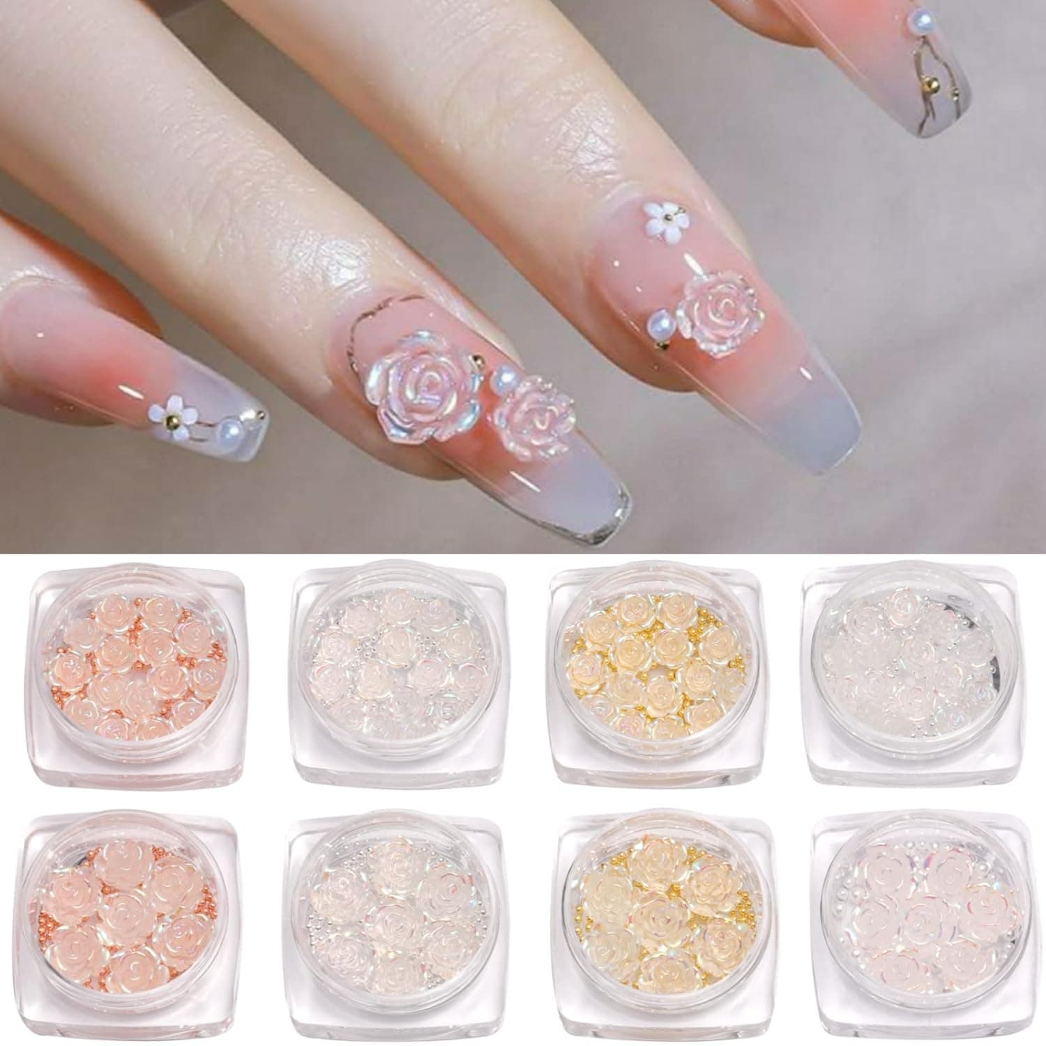 3D Flowers for Nails 88Pcs Colorless Rose Nail Charms 2 Size Light Change 4 Colors with Pearls and Caviar Beads for DIY Acrylic Nail Art Decorations