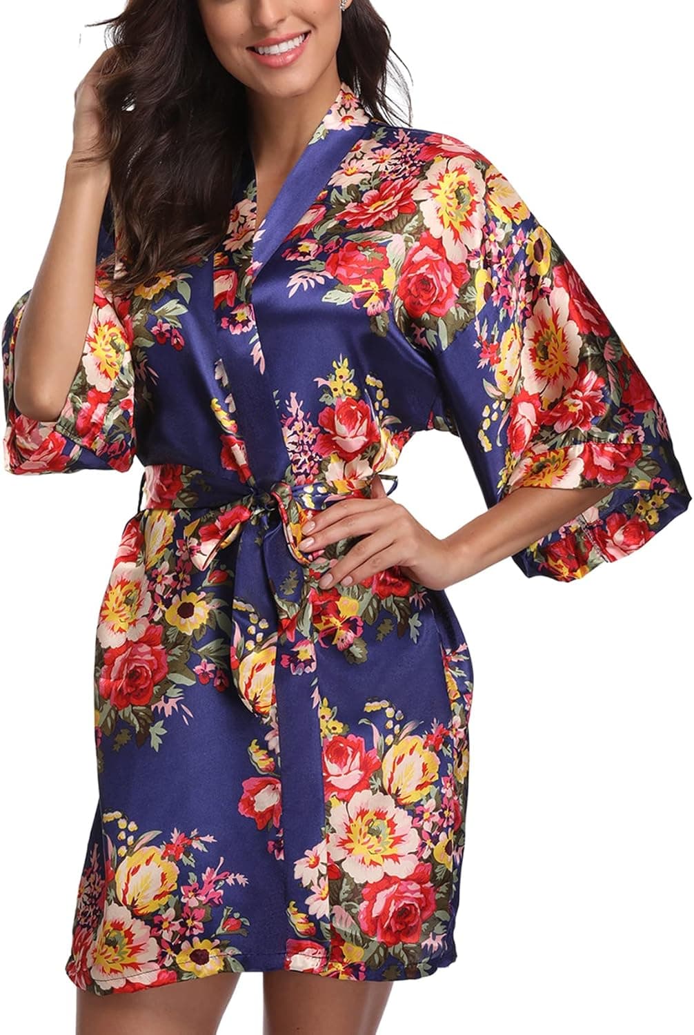 Laurel Snow Floral Satin Robes for Women Bridesmaid Getting Ready Robe Short Kimono Sleepwear Bridal Robes for Wedding Party