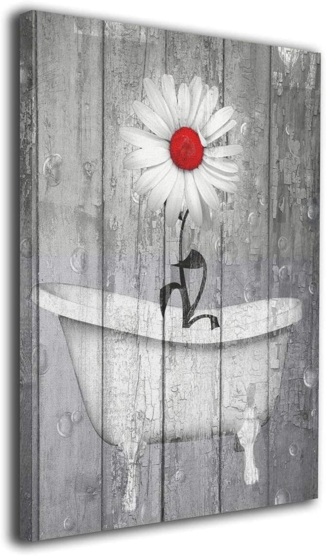 Okoart Rustic Bath Home Decor Wall Art Daisy Flower Bubbles Red Gray Farmhouse Bath Canvas Wall Art 16x20inch Artwork Art Wood Inside Framed Hanging Wall Decoration