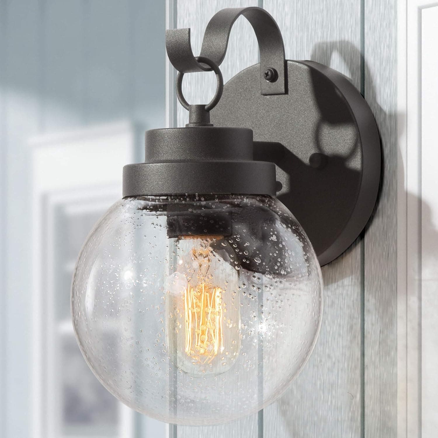 LALUZ Sphere Porch Light, Outside Lights for House with Seeded Glass Globe, Weather-Proof Outdoor Light Fixtures Wall Mount for Front Door, Garage, Yard, Patio, Textured Black Finish