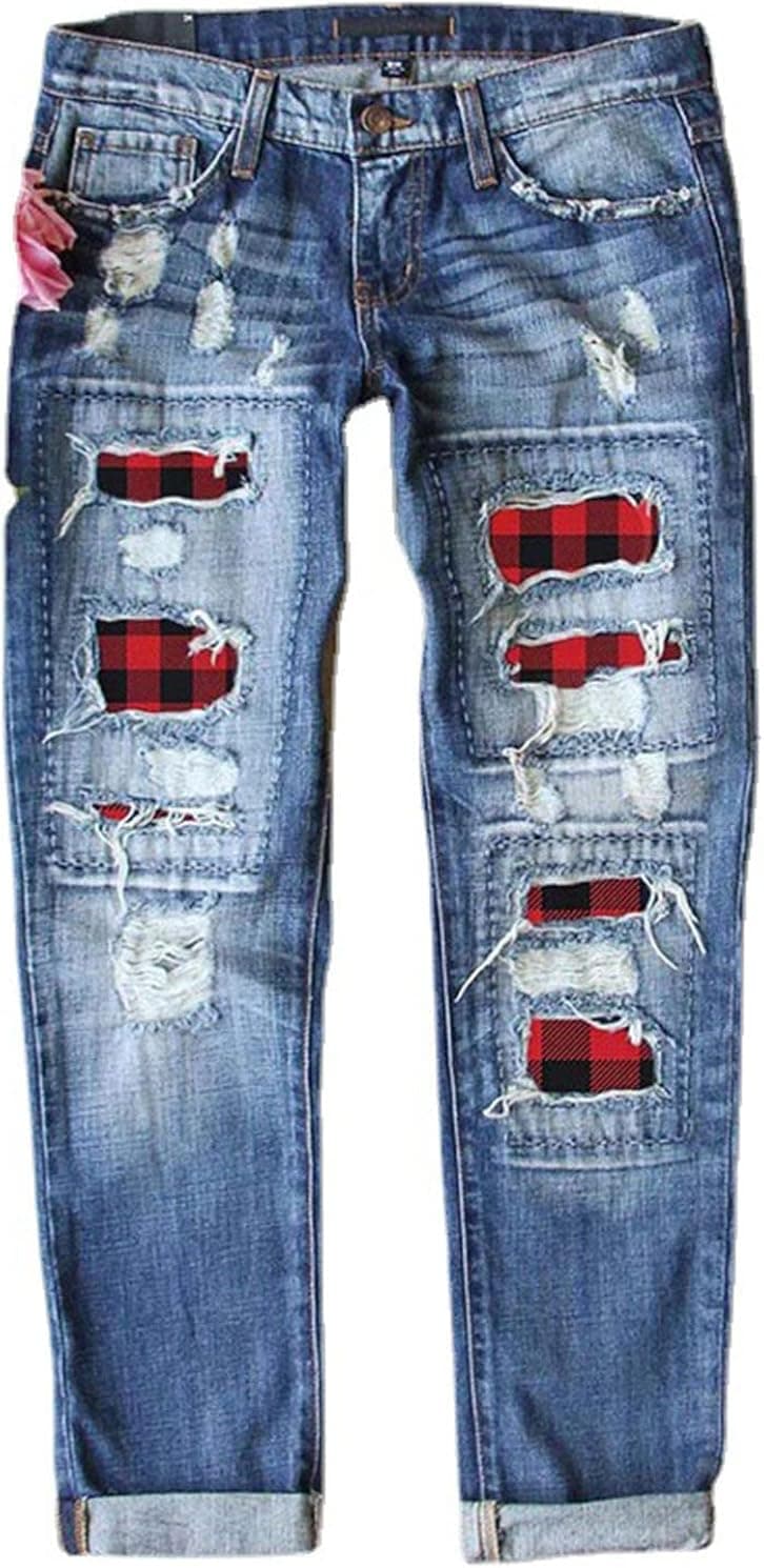 Duberess Women's Denim Jeans Trousers 100% Cotton Loose Pants with Embroidery (M-L)