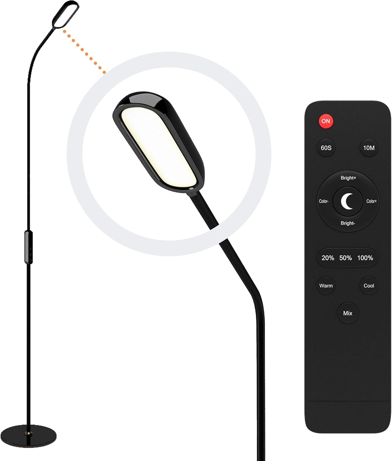 Lustrat LED Modern Floor Lamp - Floor Lamp with Adjustable Gooseneck Pole Light for Home and Office - Bedroom Standing Lamp - Dimmable Floor Lamp with Remote Control - Black