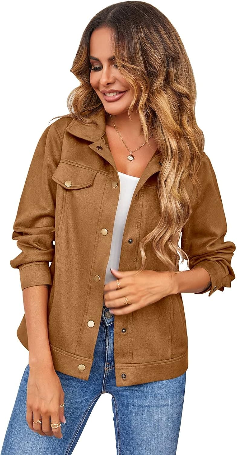 Women’s Long Sleeve Jacket Button Down Solid Jackets Casual Lapel Collar Outwear with Pocket
