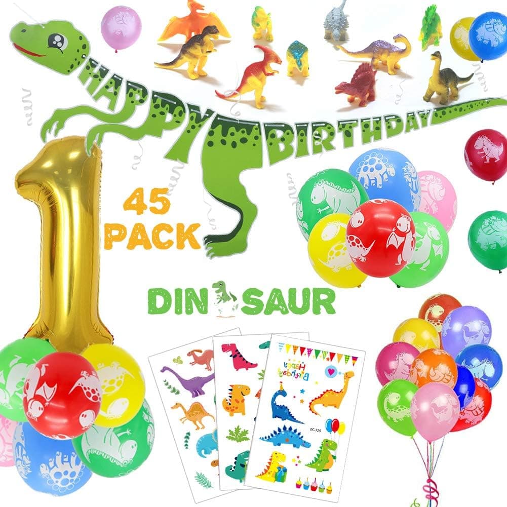 ASTER 1st Dinosaur Birthday Party Decorations for Kids - 3D Gold Happy Birthday Banner, Colorful Dino Balloons, Cute Cartoon Tattoos | Birthday Supplies Set for 1st 2nd 3rd 4-12 Year Boys