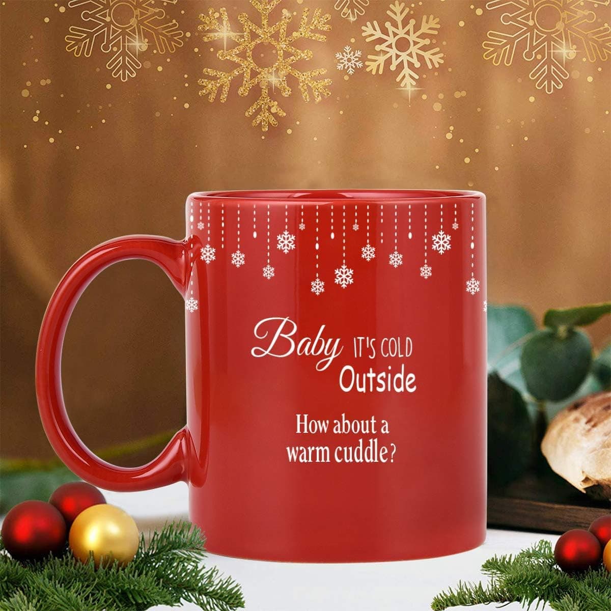 Christmas Coffee Mug Baby It’s Cold Outside How About a Warm Cuddle Red Snowflake Ball Ceramic Coffee Cup Novelty Christmas Gifts 11 Ounce