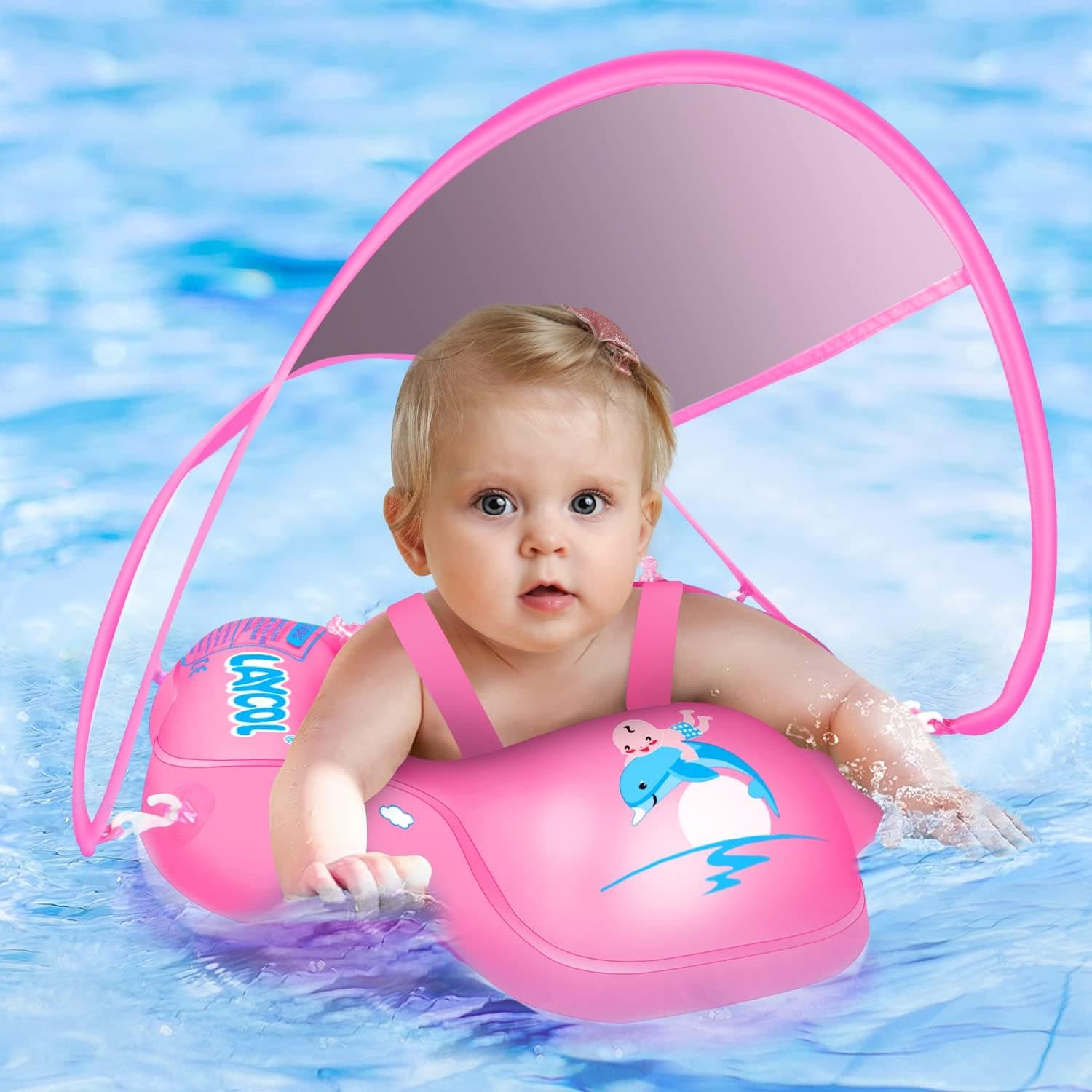 LAYCOL Baby Swimming Float with UPF50+ Sun Canopy Baby Floats for Pool Safety-Add Tail No Flip Overbaby Pool for Baby Age of 3-36 Months… (Pink Upgrate, Large)