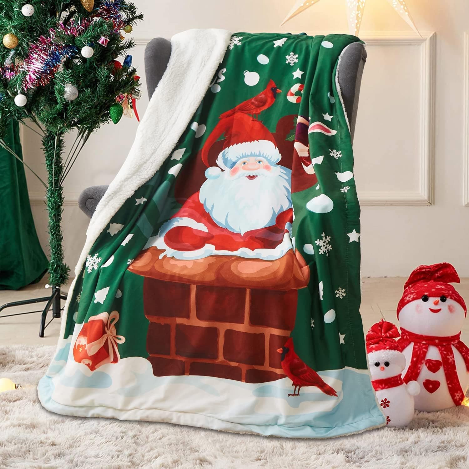Belista Christmas Santa Claus Sherpa Blanket 60" x 80", Green Christmas Snowflake Bird Gift Box Fleece Throw Blanket Bedding Sets, Thick Fuzzy Cozy Soft Blankets and Throws for Sofa, Bed, Couch