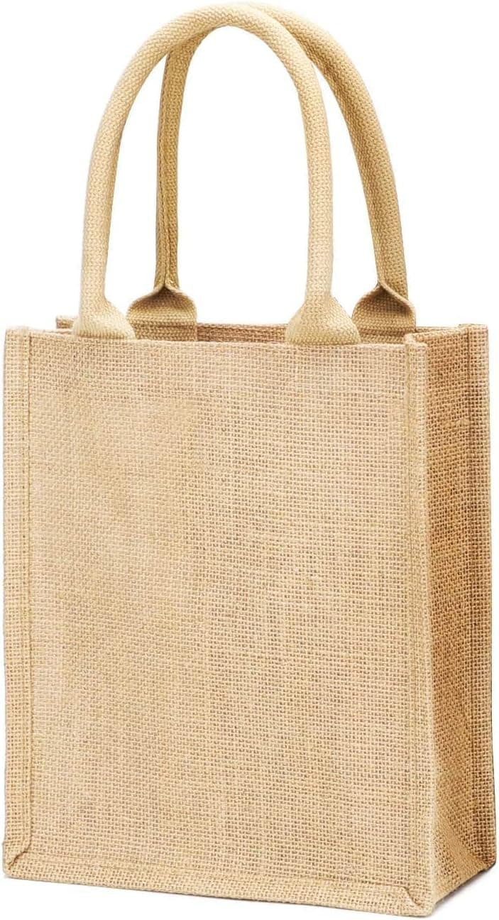 Natural Burlap Tote Bags Reusable Jute Bags with Full Gusset (Pack of 6) (Small, Natural)