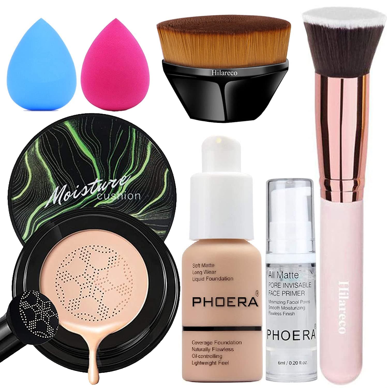 PHOERA Foundation, Air Cushion CC Cream Natural Foundation,Phoera Foundation Full Coverage,Phoera Face Primer, Kabuki Brush Foundation Brush Makeup,Makeup Sponge (104 Buff Beige + #04 Buff Beige CC)