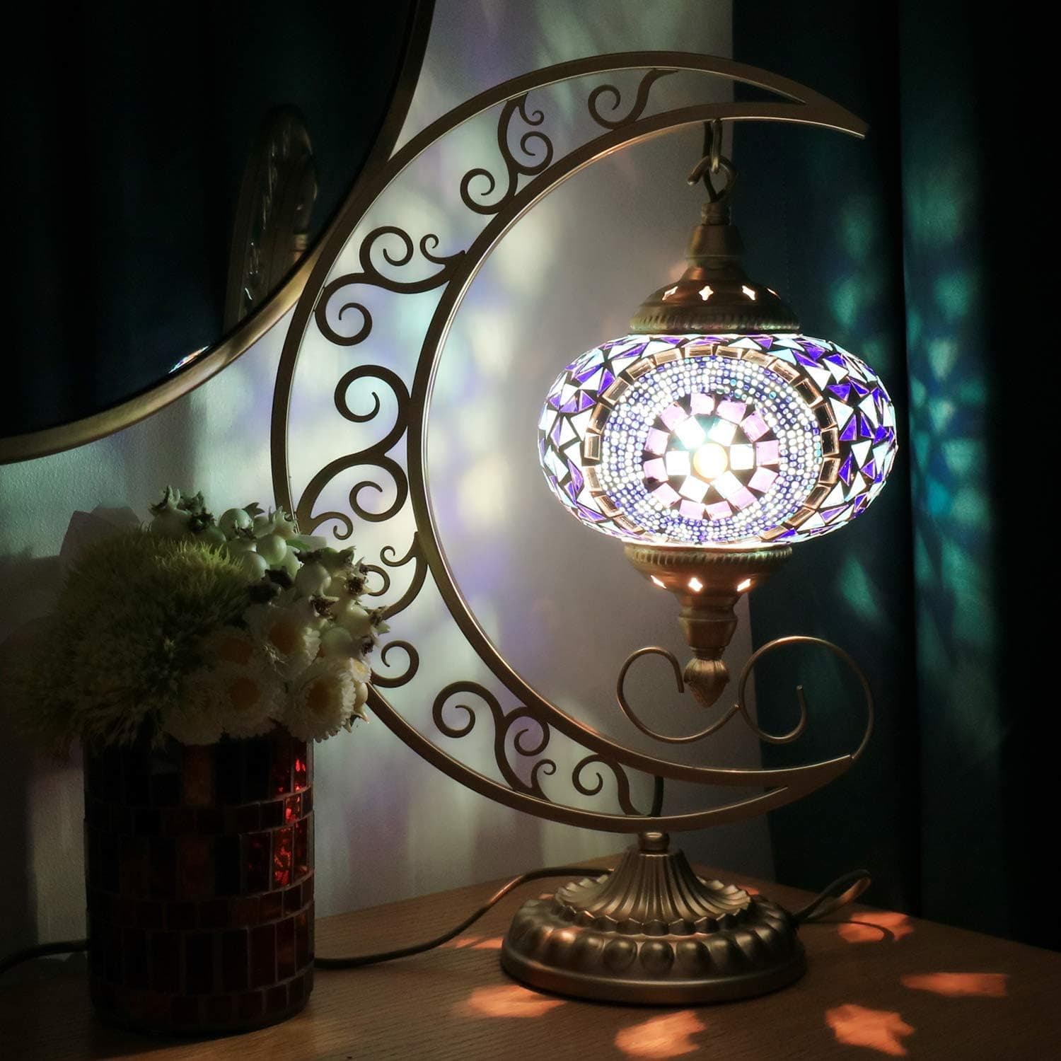 COMMODA Stunning Handmade Moon Shape Turkish Moroccan Mosaic Glass Table Desk Bedside Lamp Light Gold Base Unique Table Lamp Room Decoration (Blue)