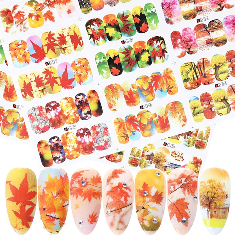 BFY Fall Nail Stickers Decals Thanksgiving Leaf Nail Art Accessories Decals 12 Sheets Maple Leaf Persimmon Tree Ginkgo Leaf Water Transfer Nail Art Stickers for Women Thanksgiving Decals (Sticker C)