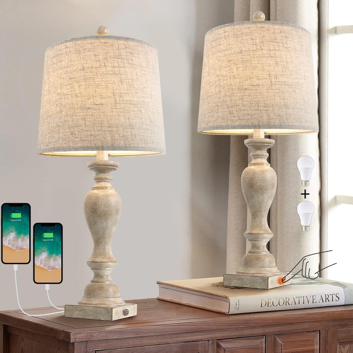 PORTRES 25.75'' Farmhouse 3-Way Dimmable Table Lamp Set of 2 Rustic Touch Control Bedside Nightstand Lamps with Dual USB Charging Ports for Bedroom Desk Lamps for Living Room(2 Bulbs Included)