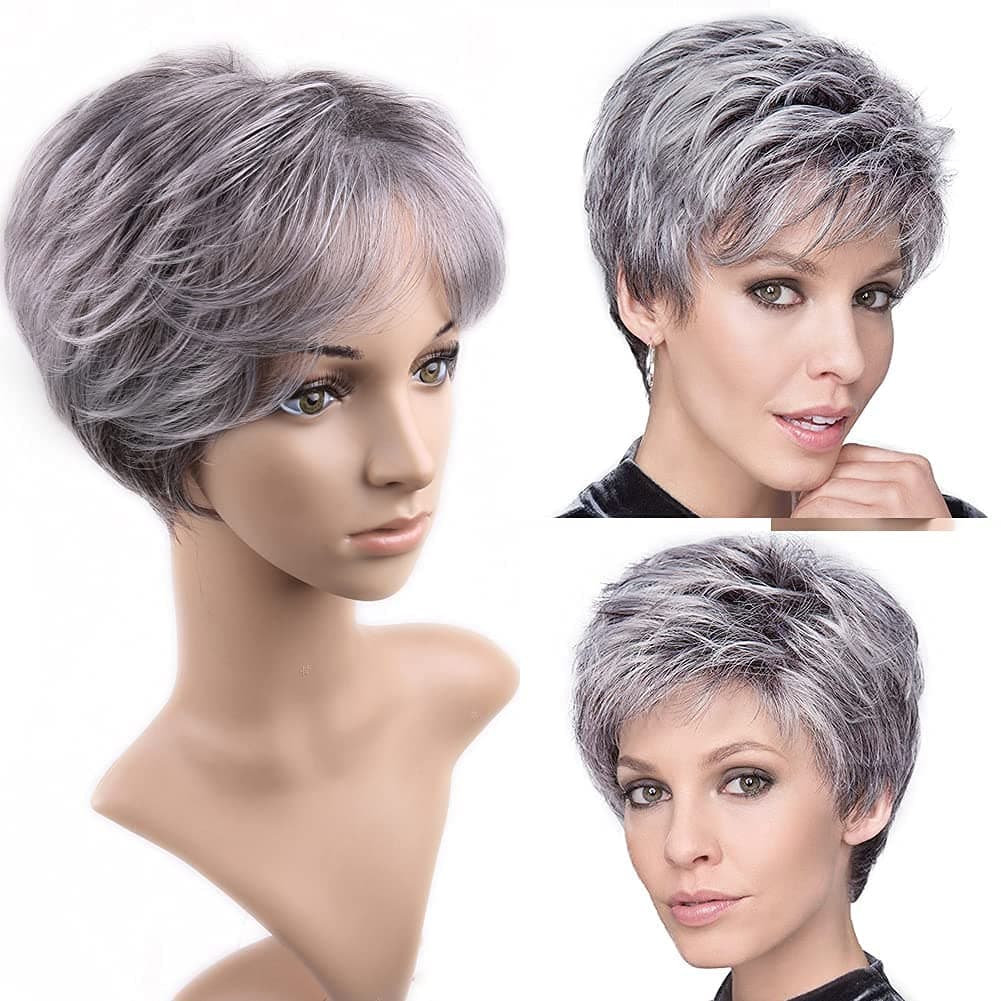 Lady Miranda Gray-White Color Short Layer Nature Curly with Bangs Synthetic Wig Heat Resistant Weave Full Wigs for Women (black&gray)