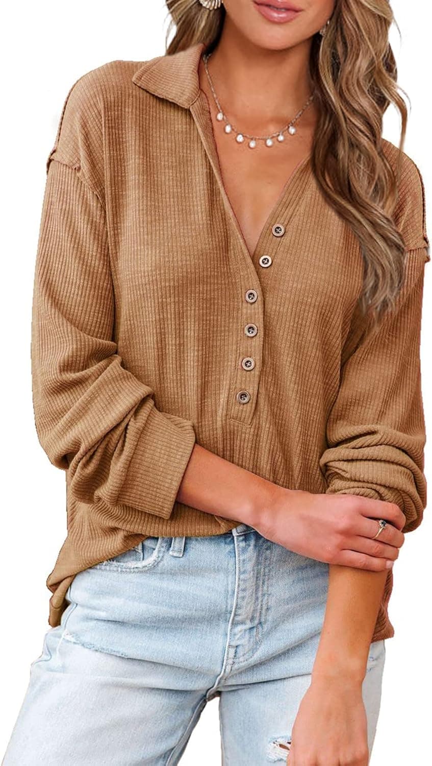 BTFBM Women Casual Button Down V Neck Blouses Long Sleeve Solid Color Stand Collar Knitted Tops Cute Relaxed Fit Shirts