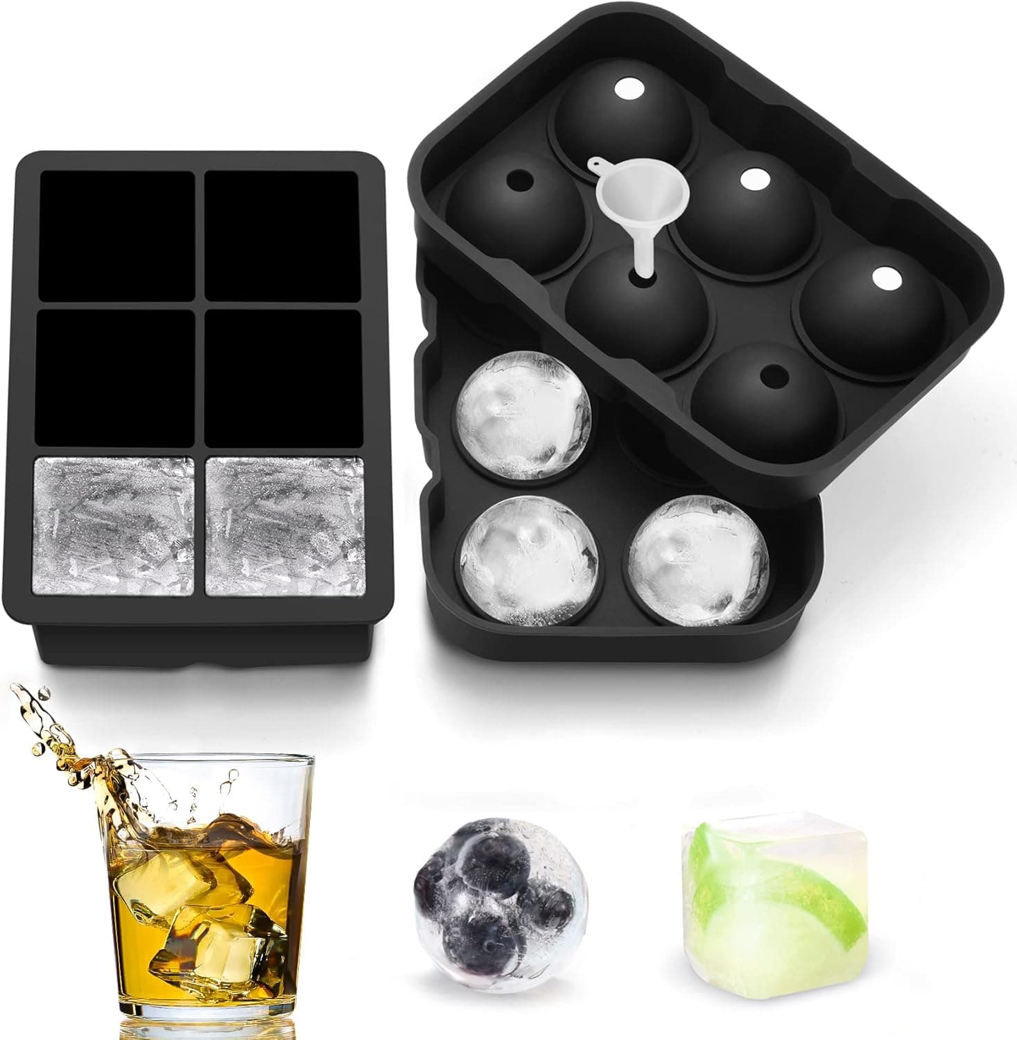 Ice Cube Tray 2 Pack, Easy-Release, Reusable, BPA Free, Healthy food-grade silicone, 1.8inch ice, Large Square & Round ice cube mold with Lids & Funnel, for Whiskey, Cocktails, Keep Drinks Chilled.