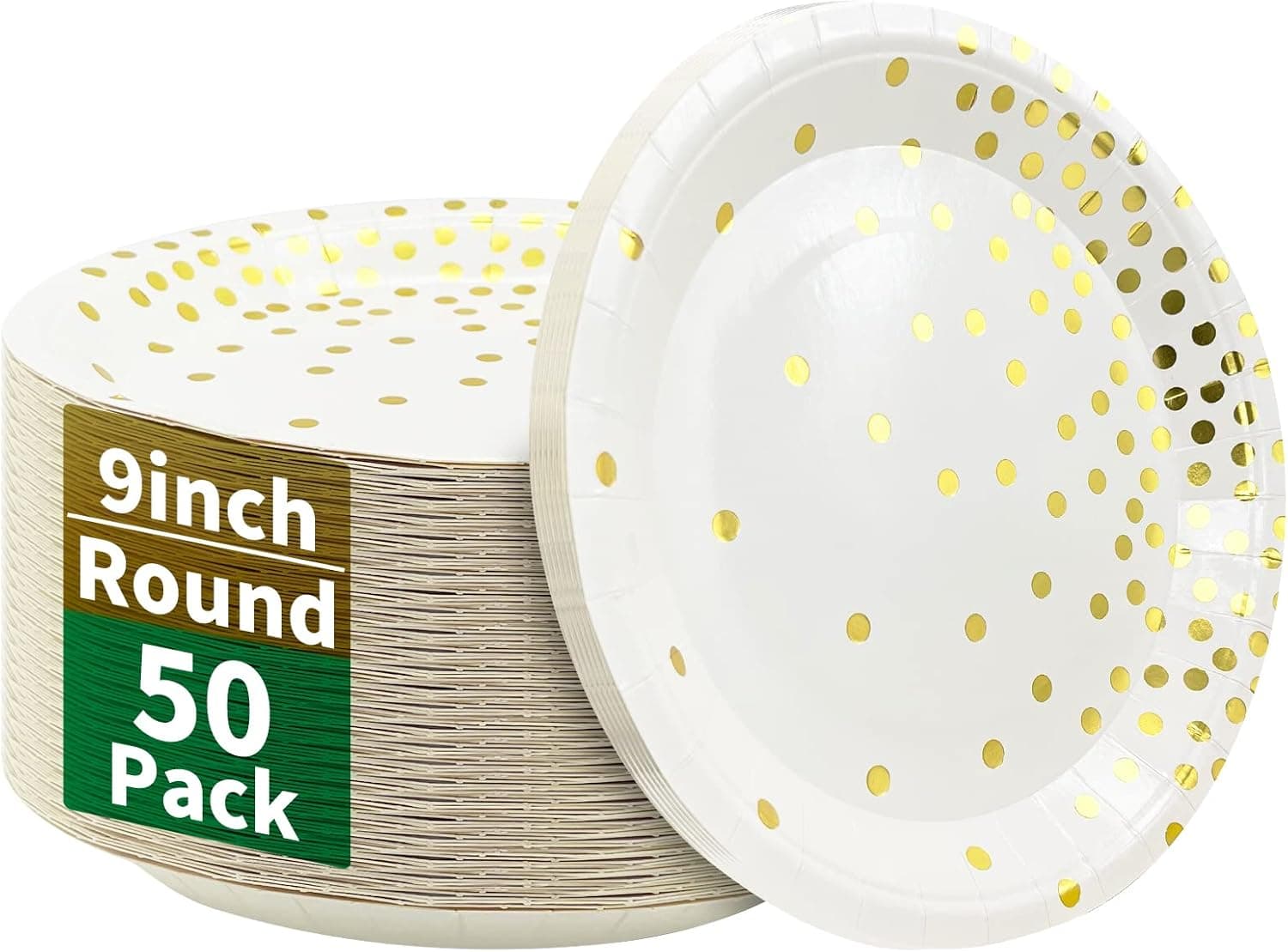 KIQIONE 50Pack Paper Plate 9 Inch,50Pcs Disposable Paper Plates White and Gold Heavy-Duty Plate Foil Round for Party, Graduation, Birthday, Lunch Dinner Plate's Supplies