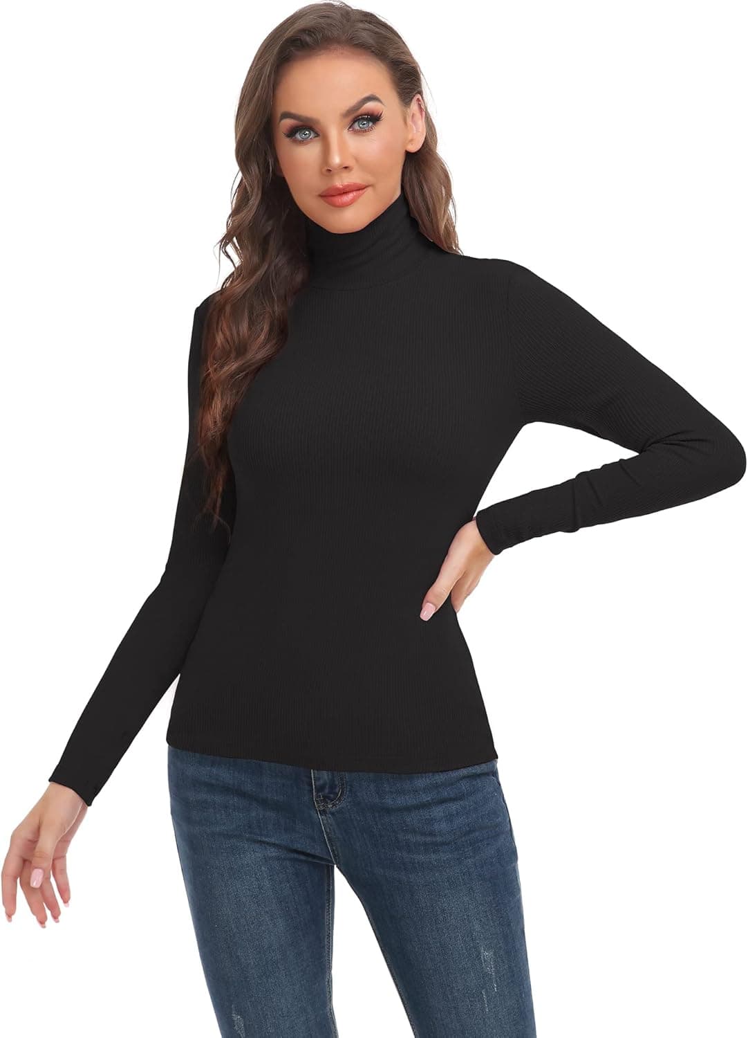Women's Ribbed Mock Turtleneck Long Sleeve Shirts Slim Fitted Casual Pullovers Underscrubs Layer Tee Tops