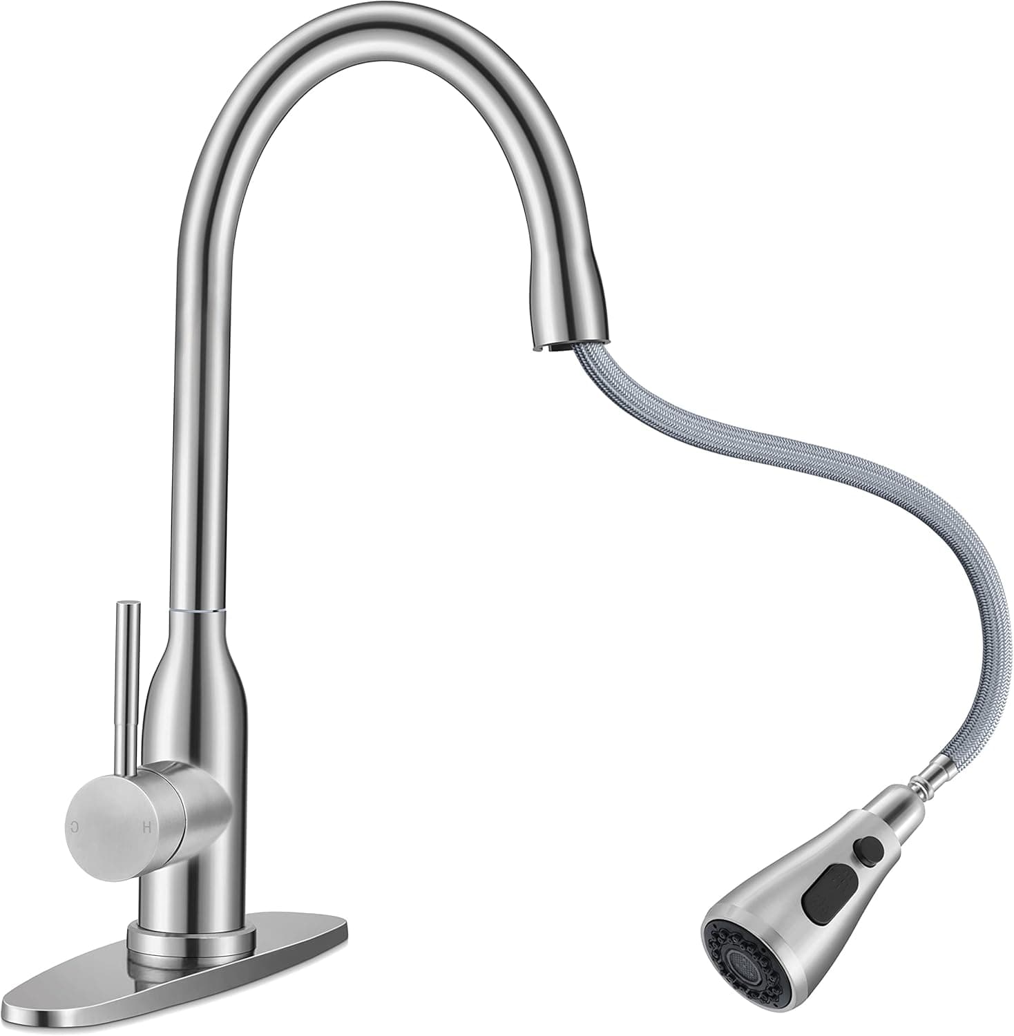 Homikit Kitchen Sink Faucet Brushed Nickel with Pull Down Sprayer, 304 Stainless Steel Kitchen Faucets with Deck Plate for 1 or 3 Hole, High Arc Commercial Faucet for Farmhouse Laundry Utility Rv Bar