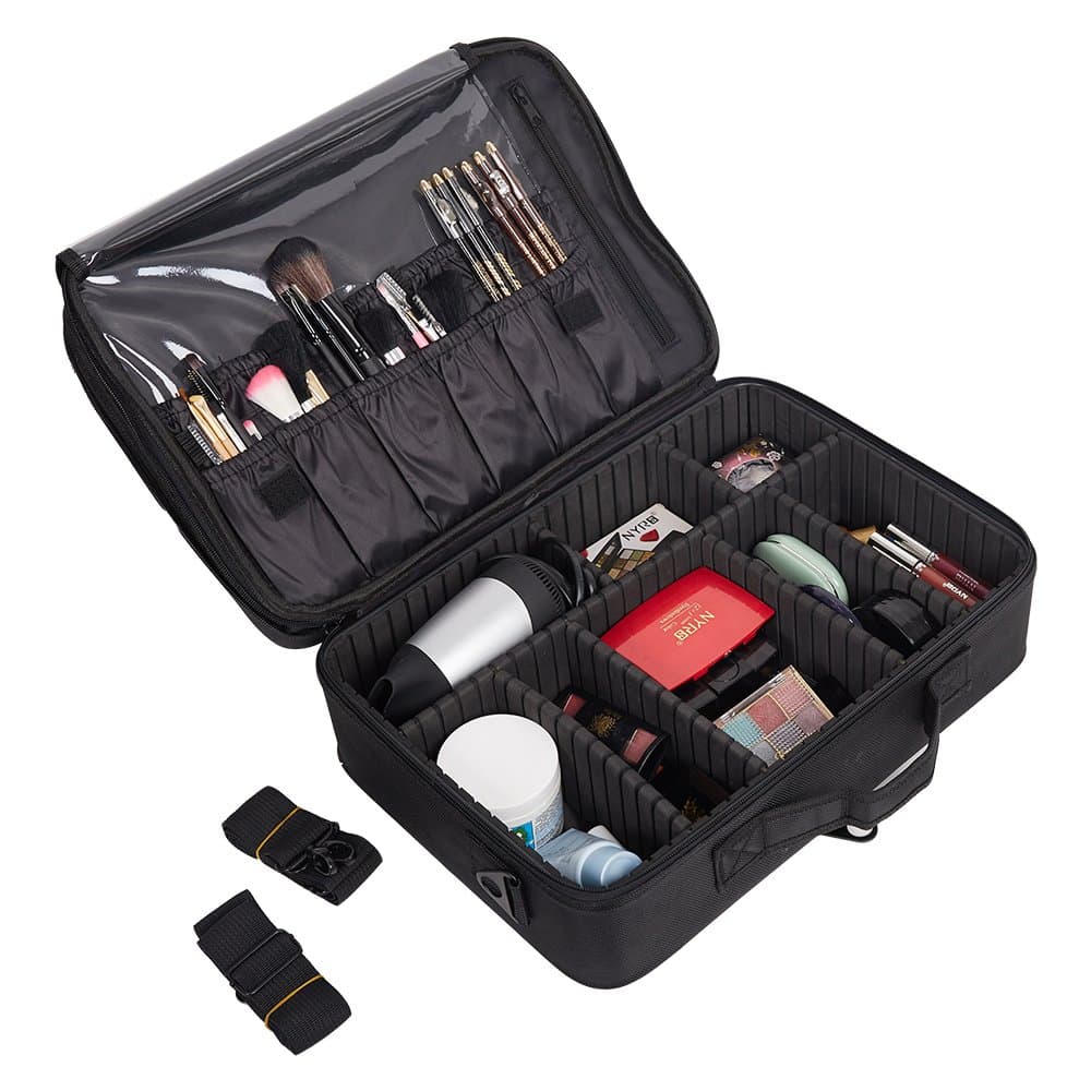 Dporticus Portable Makeup Train Case 3 Layer Cosmetic Travel Storage Organizer Bag with Dividers and Brush Pockets for Travel & Home Gift (Large, Black backpack)