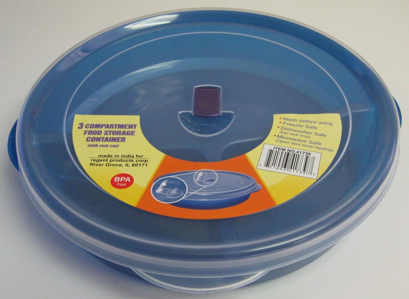 Blue 3 Compartment Microwavable Food Storage Container with Vent Cap
