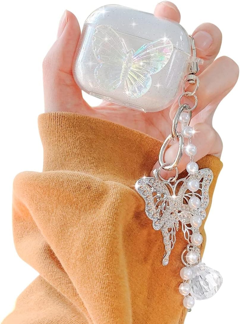 Fycyko Compatible with AirPods Pro Case with Girls Cute Clear Glitter Butterfly Design Smooth Soft TPU Cover Case for Airpods Pro,Cute for Airpods Pro-Butterfly-White