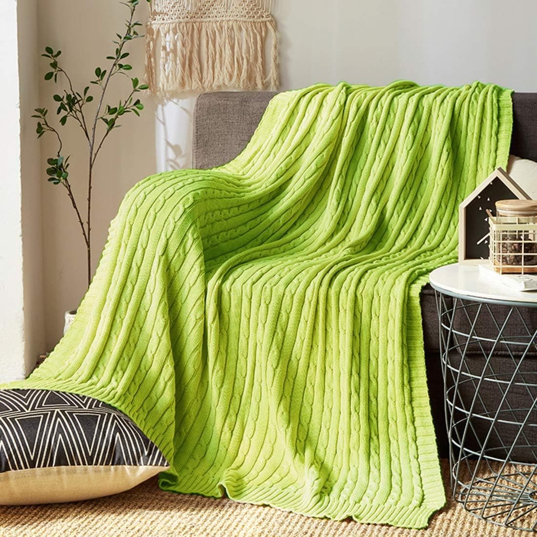 Vonty Cotton Cable Knit Throw Blanket Soft Warm Knitted Blanket for Couch Bed Sofa Home Decorative Blanket (Light Green, 47"x70")