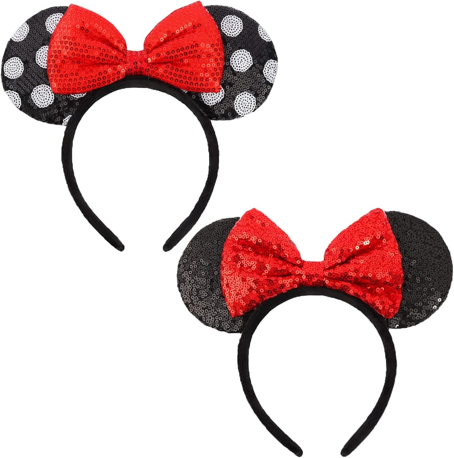 Mouse Ears Bow Headbands, 2PCS Classic Sequin Bow Headband Mini Mouse Ears for Women, Kids(Red Bow & White Polka Dots)