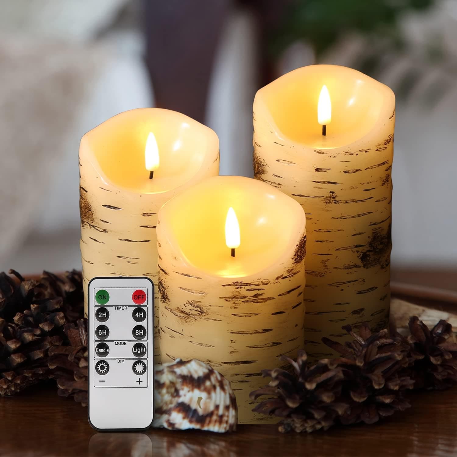 Eywamage Birch Bark Flameless Pillar Candles with Remote, Real Wax Flickering LED Battery Candles Set of 3, Φ 3" H 4" 5" 6"